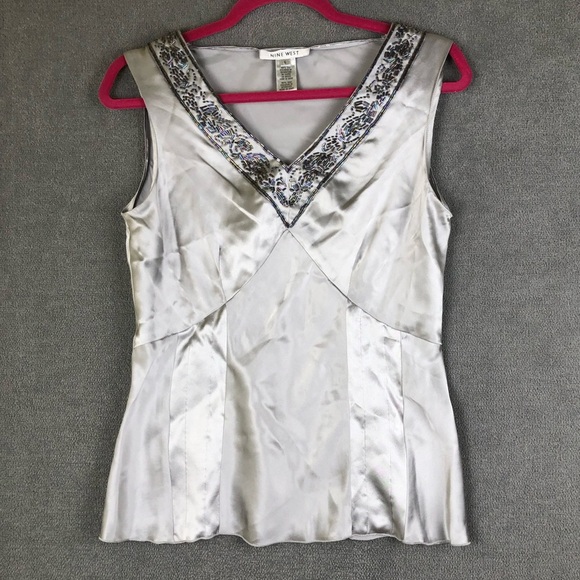 Nine West Y2K 100% Silk Silver gray Beaded V Neck Top - Picture 1 of 8